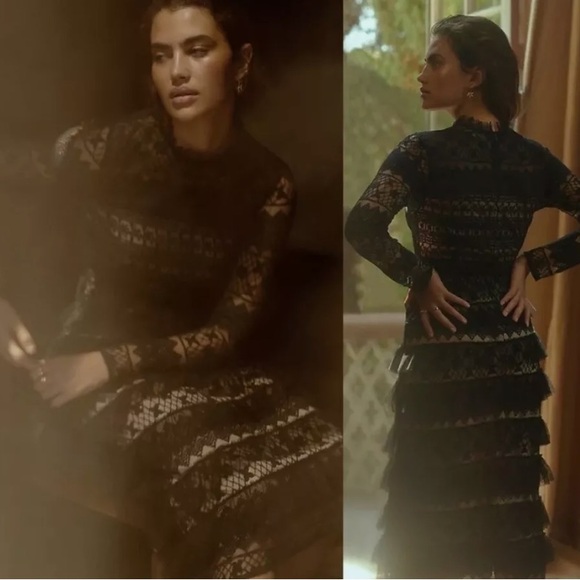 Anthropologie Forever That Girl Black Lace Long Sleeve Tiered Midi Dress M - Picture 2 of 12